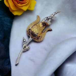 Vintage Rhinestone Rose Flower Gold Silver Tone Brooch Pin